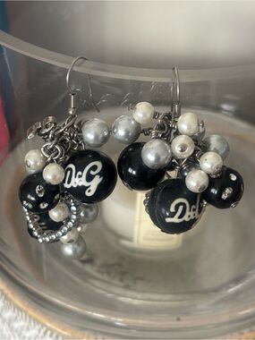 D&G Black, White and Silver Logo Cluster Drop Earrings